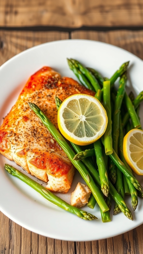 Air fryer salmon fillet with asparagus on a white plate, garnished with lemon, on a wooden table.